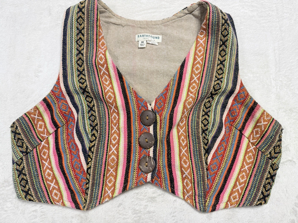 Earthround Trading Co Woven Boho Vest Medium Aztec Striped Crop Button Nepal